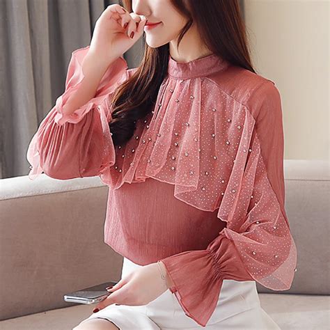 Spring Autumn Korean Style Womens Clothing Blouses Perspective Chiffon