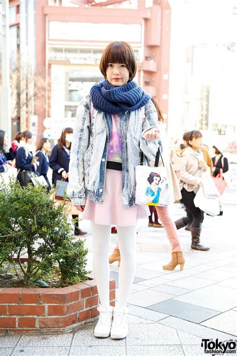 Acid Wash Denim Jacket W Galaxy Print And Snow White In Harajuku Tokyo