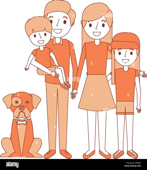 Linda familia papá mamá pequeño hijo e hija a su perro Imagen Vector de