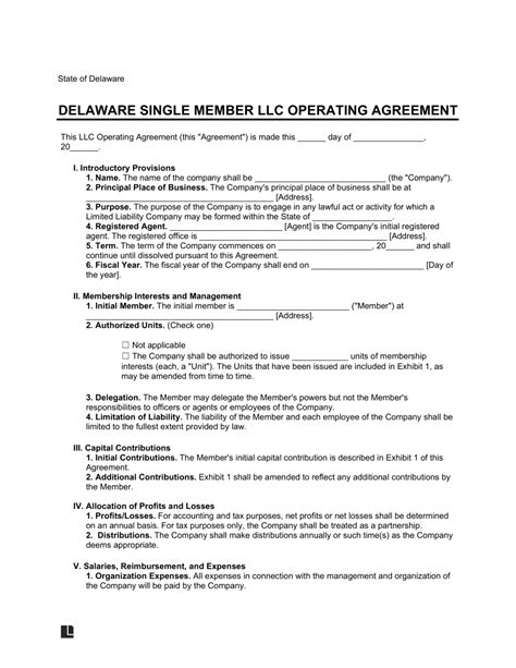 Free Delaware Single Member Llc Operating Agreement Form Pdf Word