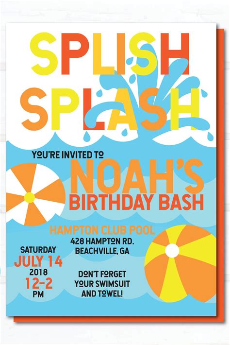 Pool Party Birthday Invitation Summer Party Invitation Splish Splash