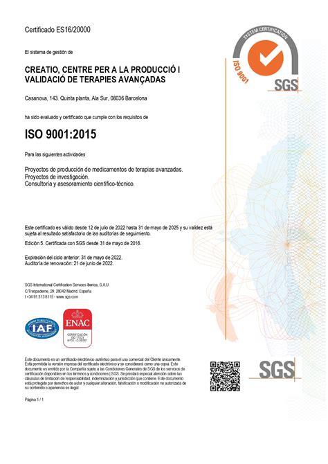 Creatio Certificado De Renovación Iso 9001 2015 Terapias Avanzadas Creatio