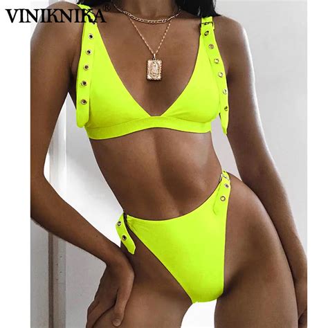 Neon Green High Waist Bikini 2019 Adjust Strap Swimsuit Women Thong