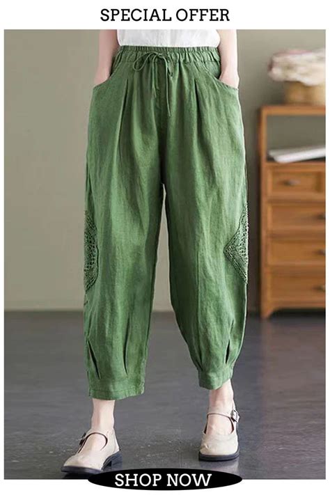 Style Green Elastic Waist Oversized Pockets Linen Harem Pants Fall In