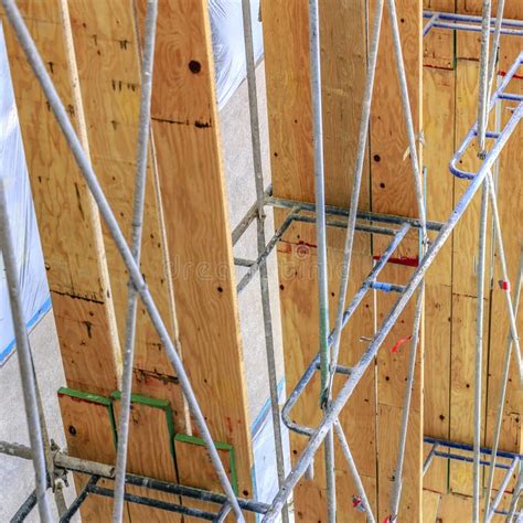 Close Up View Of A Scaffolding With Wooden Planks Stock Photo Image