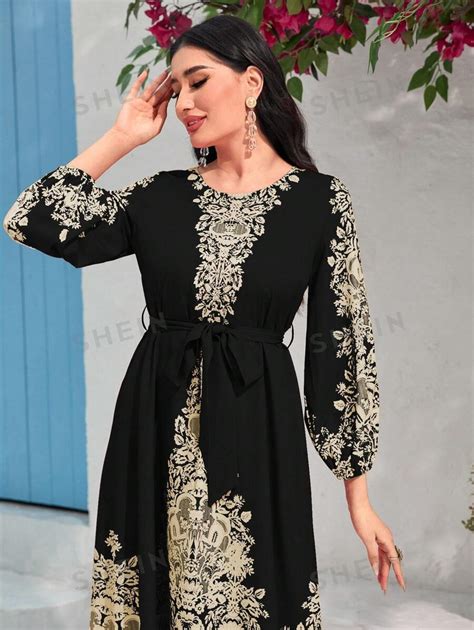 Shein Najma Baroque Print Belted Dress Shein Usa