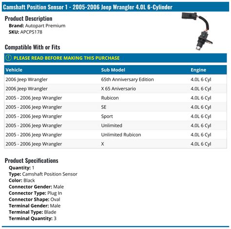 2005 2006 Jeep Wrangler Camshaft Position Sensor Autopart Premium Apcps178