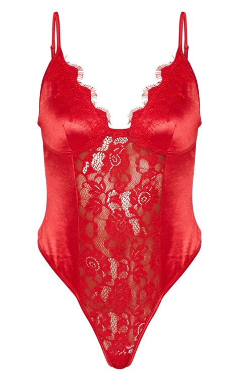 Red Satin Lace Insert Body Lingerie Prettylittlething Usa