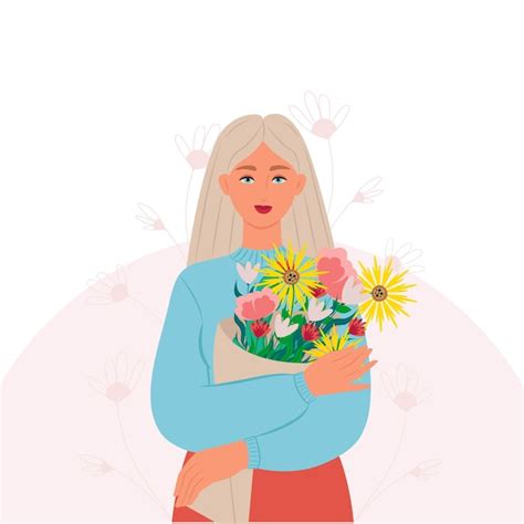 Une Jeune Femme Blonde Avec Un Bouquet De Fleurs Dans Ses Mains Illustration Vectorielle Dans Un