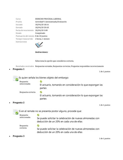 A9 Automatizada Procesal 1 Curso DERECHO PROCESAL LABORAL Prueba