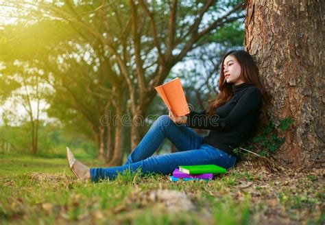 Assento E Leitura Da Jovem Mulher Um Livro No Parque Foto De Stock