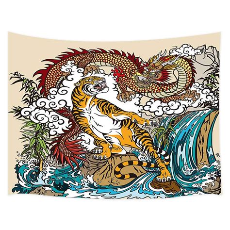 Jawo Asian Tapestry Chinese Dragon And Tiger In The Landscape With