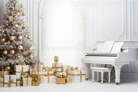 Elegant White Christmas with Golden Piano Stock Photo - Image of music ...