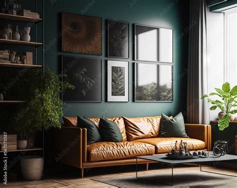 Mock-Up interior design in green colors with brown leather sofa with a ...