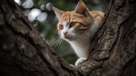 Fondo Un Gato Naranja Y Blanco En La Rama De Un Rbol Esperando A Que