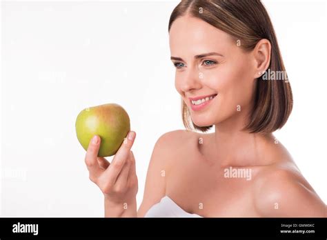 Beautiful Young Woman Holding Green Apple Stock Photo Alamy