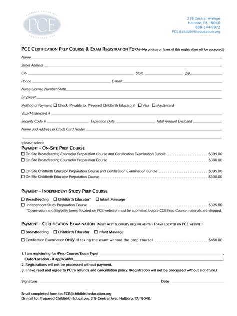 Fillable Online Pce Certification Prep Course And Exam Registration Form No Photos Or Faxes Of