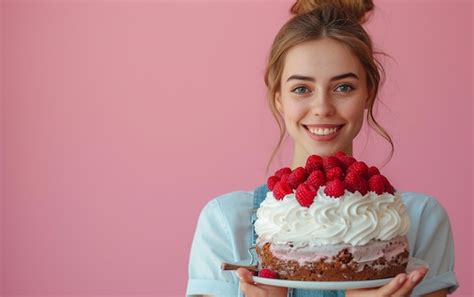 Premium Photo | A girl with cake showing dessert on solid color ...