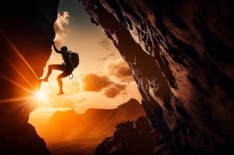 A Silhouette Of Man Climbing On Rock Mountain At Sunset Adrenaline