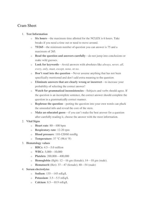 Nclex Cram Sheet Cram Sheet Test Information O Six Hoursthe Maximum