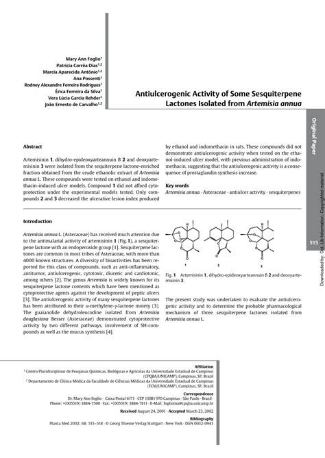 PDF Antiulcerogenic Activity Of Some Sesquiterpene Lactones Isolated