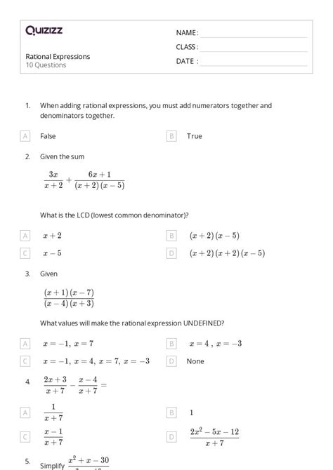 50 Rational Expressions Equations And Functions Worksheets For