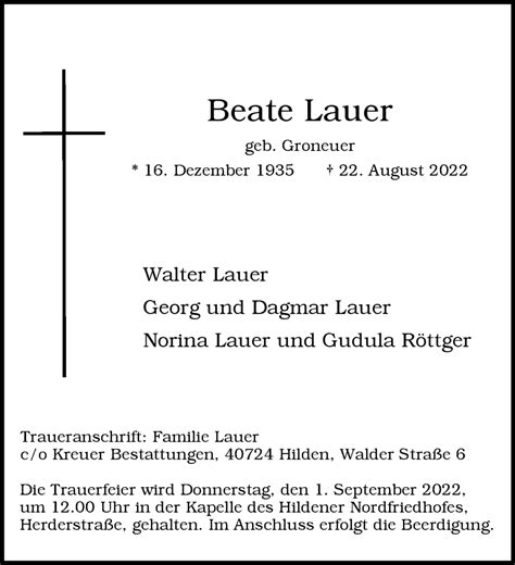 Alle Traueranzeigen für Beate Lauer trauer rp online de