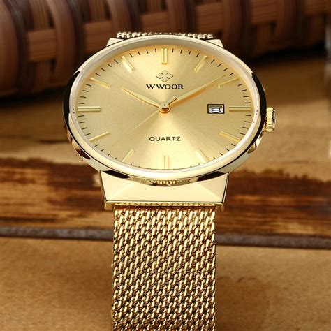 2022 Fashion Wwoor Top Brand Men Simple Slim Watches Luxury Gold Steel