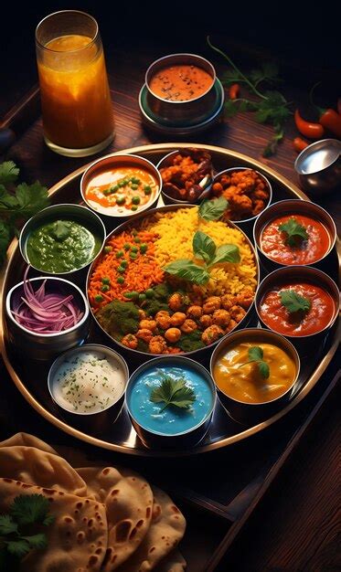 Thali Mahlzeit Mit Verschiedenen Currys Und Roti Farbenfrohe Und