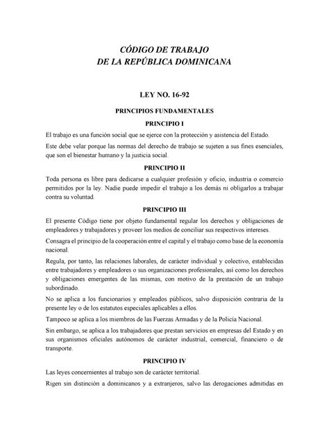 Codigo de Trabajo Dominicano CÓDIGO DE TRABAJO DE LA REPÚBLICA