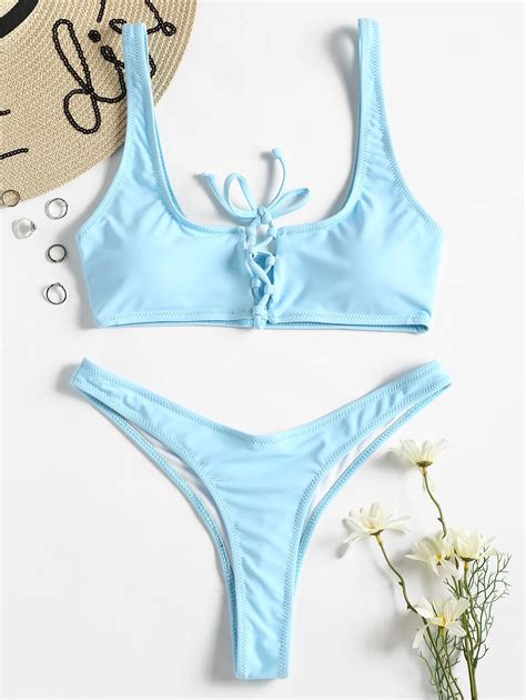 Zaful Women Summer Swimwear Lace Up High Leg Tank Bikini Set U