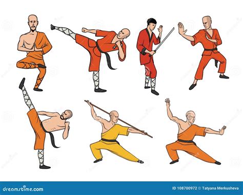 Shaolin Monks Practicing Kung Fu Martial Art Vector Illustration Set