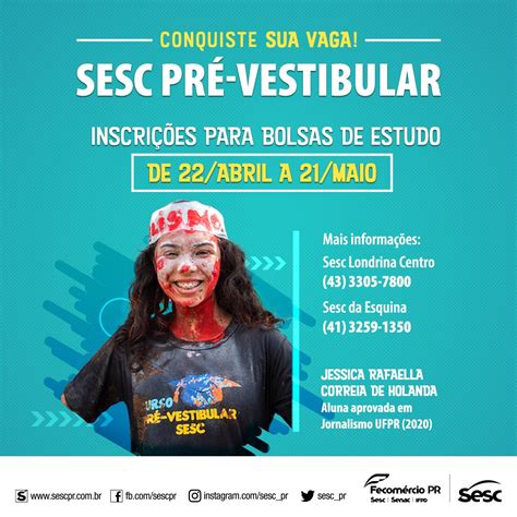 Últimas vagas para cursinho pré vestibular 100 gratuito no Sesc PR