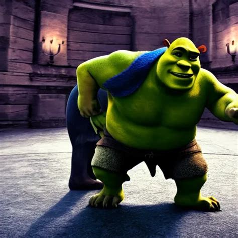 Keanu Reeves Fighting Muscular Shrek Highly Detailed Stable