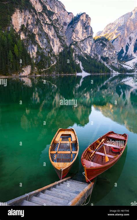 Boats On The Braies Lake Pragser Wildsee In Dolomites Mountains