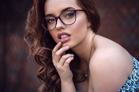 Women Brunette Long Hair Blue Eyes Curly Hair Glasses Women With