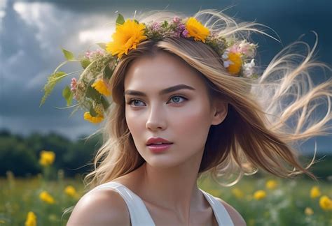 Premium Photo Portrait Of A Woman With Flowers In Her Head Creative