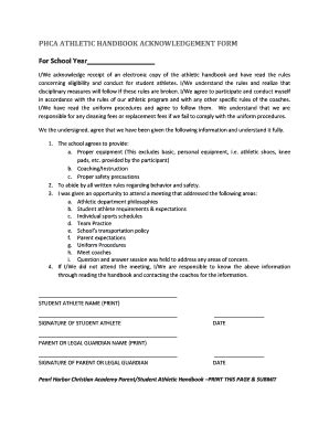 Fillable Online Phca Athletic Handbook Acknowledgement Form Fax Email