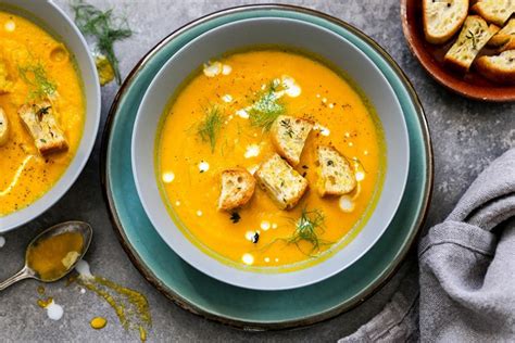 Roasted Carrot And Fennel Soup With Garlic Thyme Croutons Floating