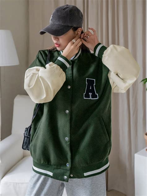 Dazy Jaqueta Varsity Carta Corrigida Bloco De Cores Ombro Ca Do Shein