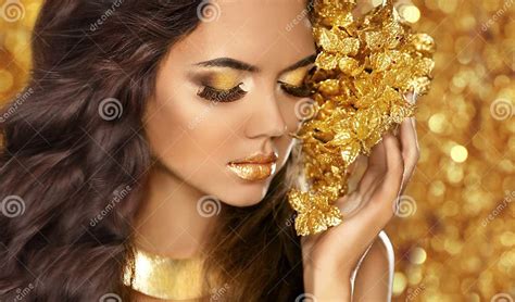 Fashion Beauty Girl Portrait Eyes Makeup Golden Jewelry Stock Photo