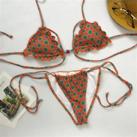 2018 Print Ruffle Triangle Bikini Set Women Swimsuit Cross Bandage