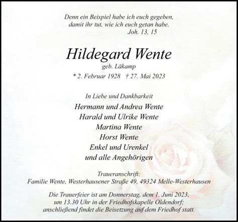 Traueranzeigen Von Hildegard Wente Noz Trauerportal