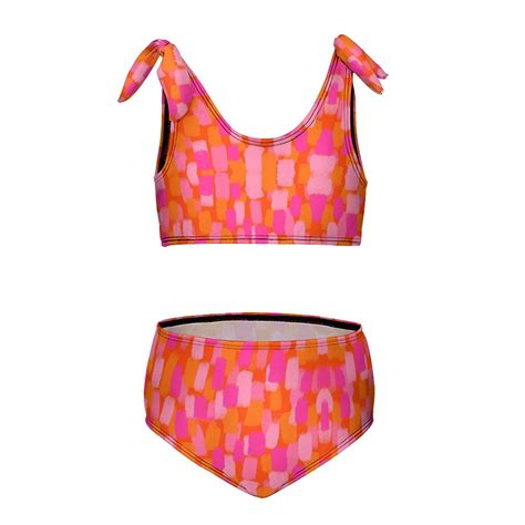 Abstract Pink And Orange Paint Brush Effect Girl S 2 Piece Bikini Set Beach Sport Swimsuit