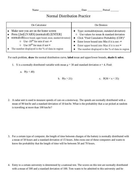 Normal Distribution Worksheet Pdf Normal Distribution