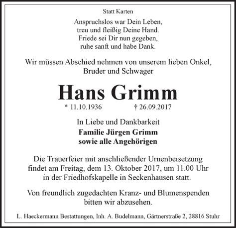 Traueranzeigen Von Hans Grimm Trauer Gedenken