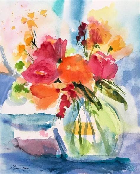 A Watercolor Painting Of Flowers In A Vase