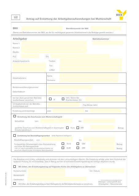 Antrag Auf Erstattung Der Arbeitgeberaufwendungen Bkk Pfaff