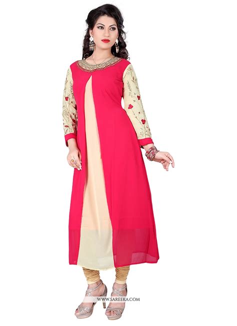 Buy Hot Pink Embroidered Work Georgette Designer Kurti Online Uae