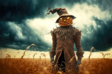 Premium Photo Scary Scarecrow With Halloween Pumpkin Head And Glowing